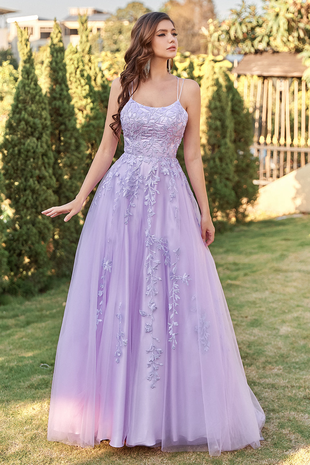 Purple Tulle Prom Dress with Appliques - Fashionpara