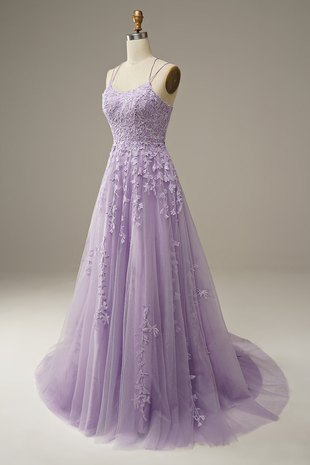 A-Line Purple Spaghetti Straps Long Prom Dress with Appliques - Fashionpara