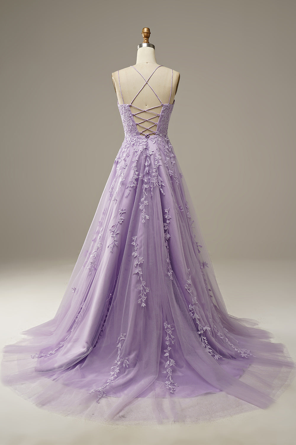 A-Line Purple Spaghetti Straps Long Prom Dress with Appliques - Fashionpara