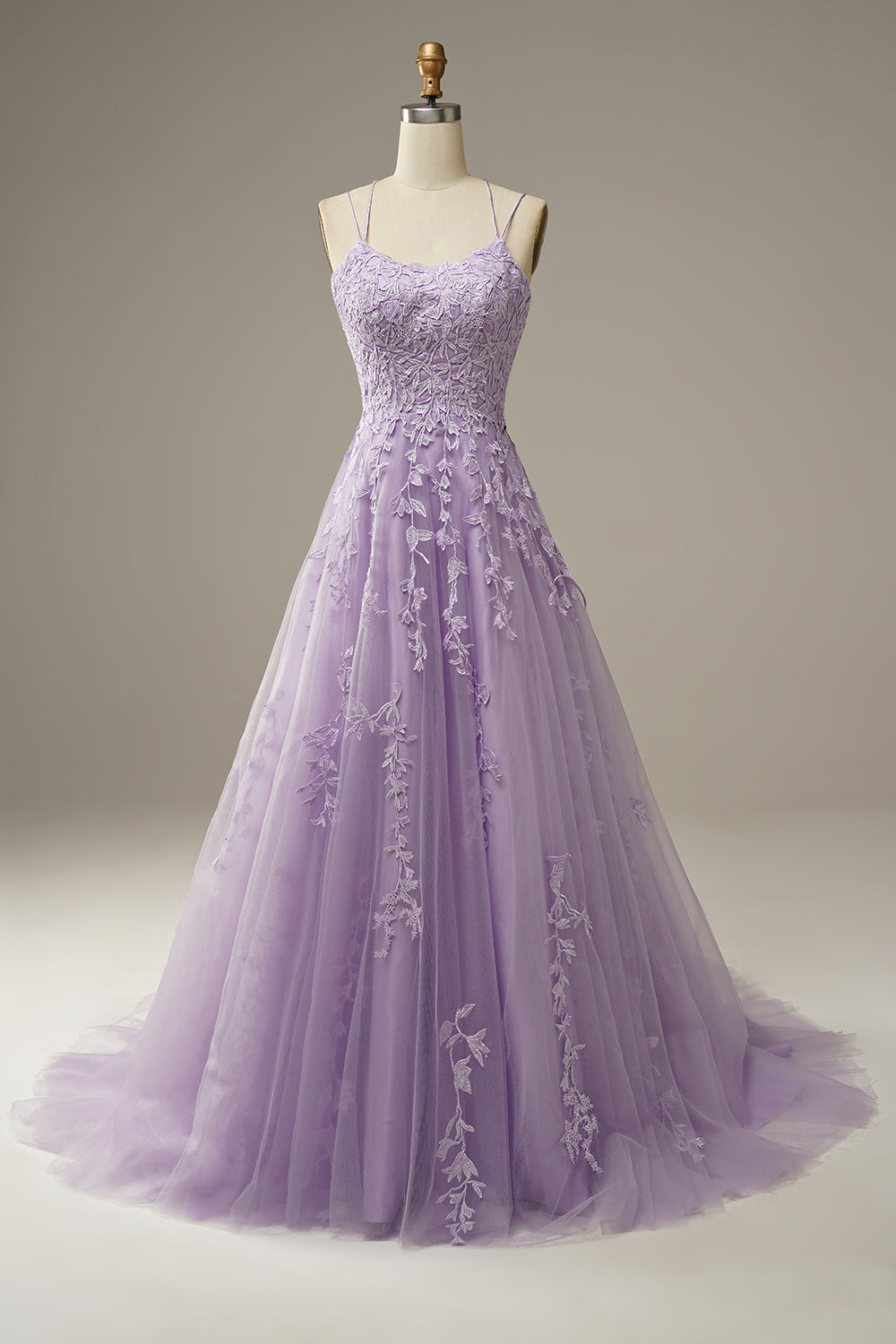 A-Line Purple Spaghetti Straps Long Prom Dress with Appliques - Fashionpara