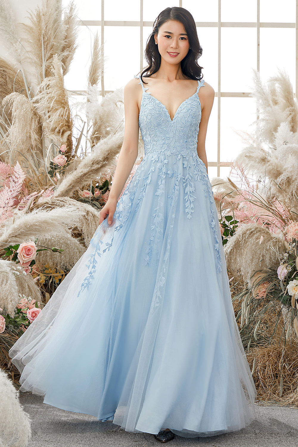 A-Line Purple Spaghetti Straps Long Prom Dress with Appliques - Fashionpara