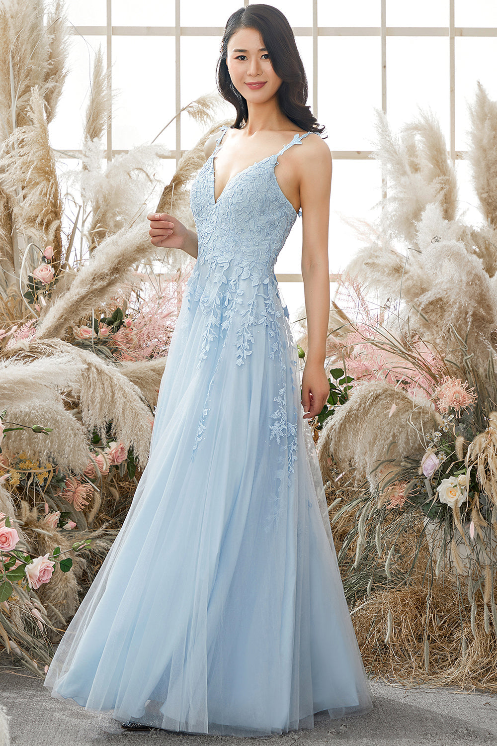 A-Line Purple Spaghetti Straps Long Prom Dress with Appliques - Fashionpara