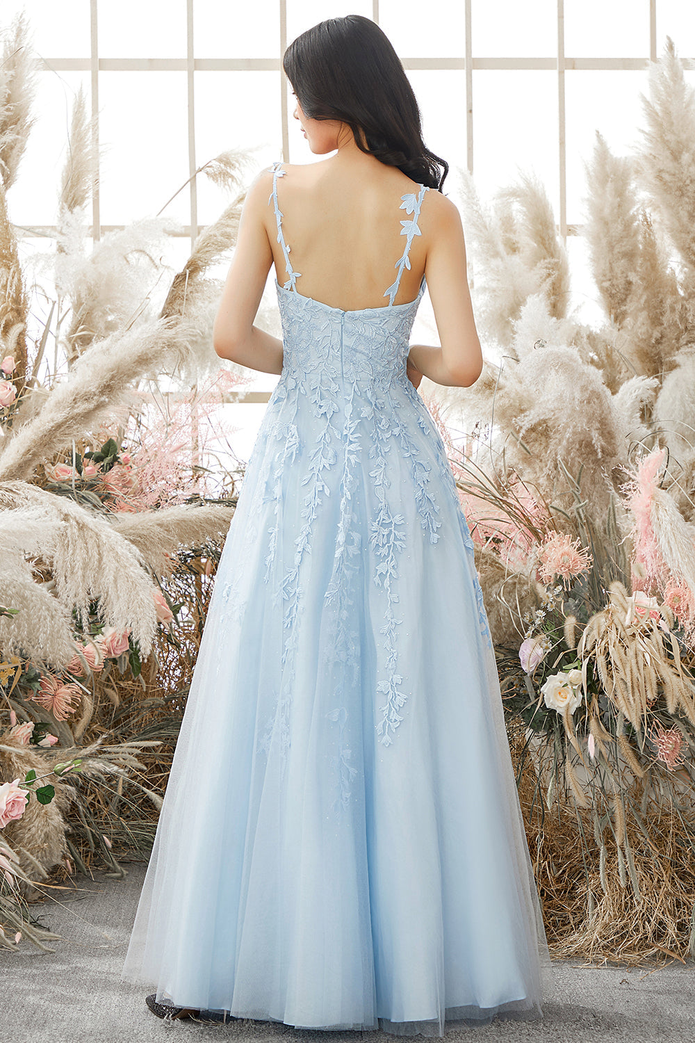 A-Line Purple Spaghetti Straps Long Prom Dress with Appliques - Fashionpara