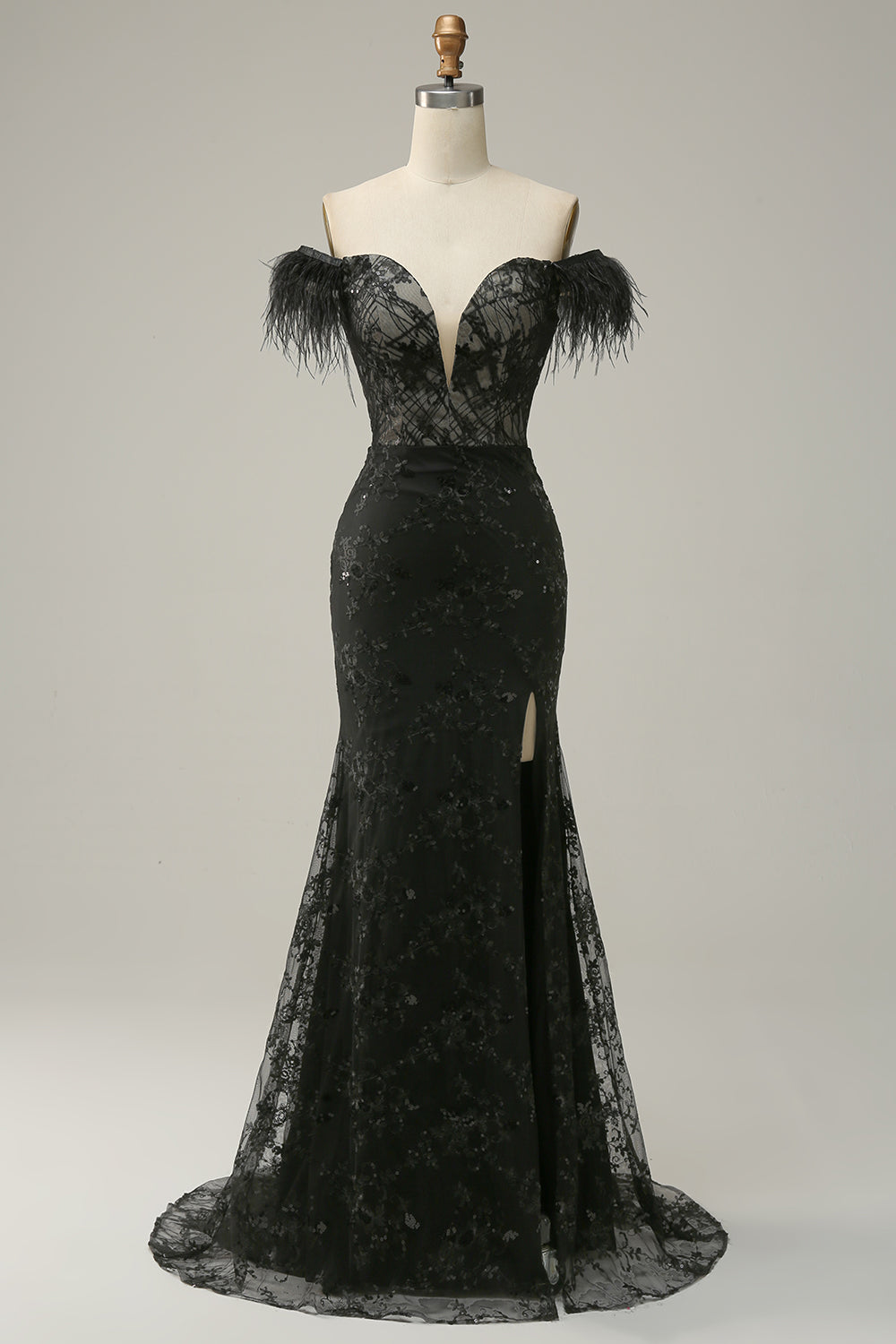 Off the Shoulder Sheath Prom Dress with Feather