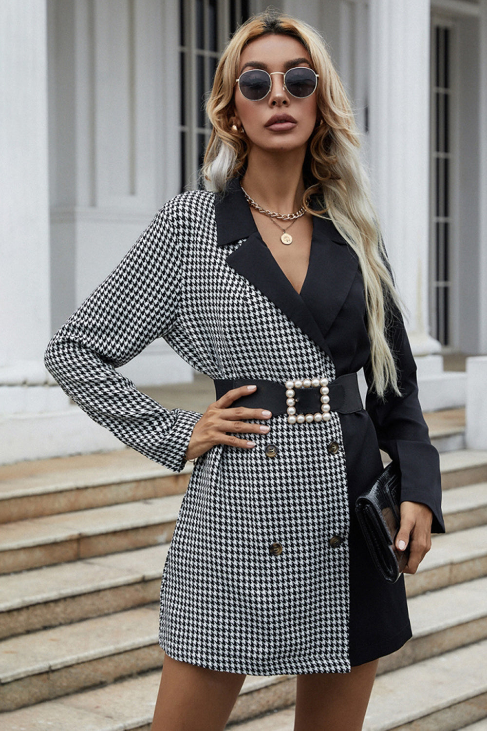 Double-Breasted Black And White Plaid Blazer