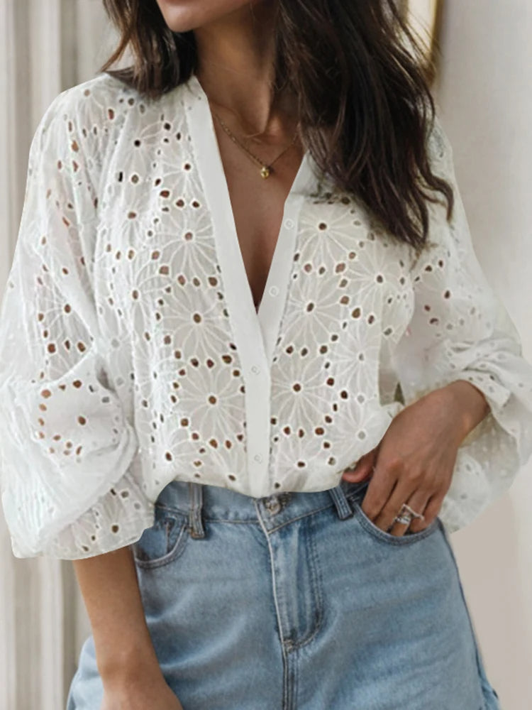 Sexy Flared Long Sleeve Tunic V-neck Blouse