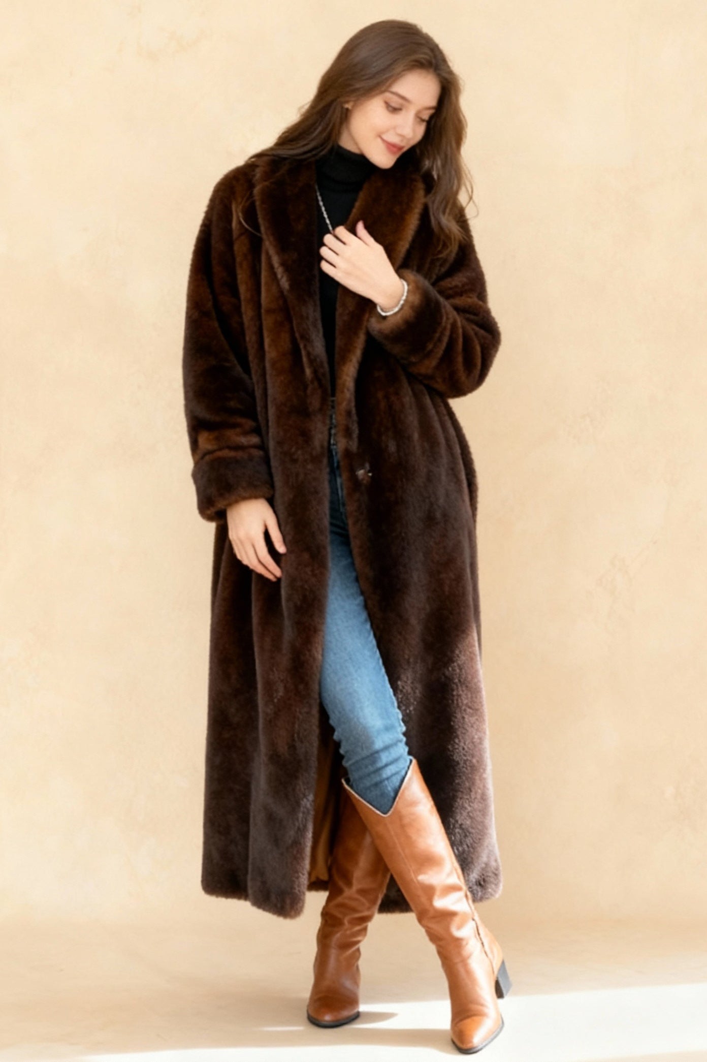 Faux Fur Lapel Plush Imitation Mink Overcoat - Fashionpara