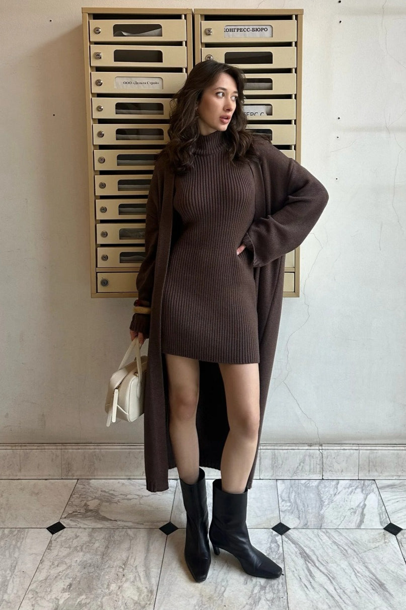 Fitted Knit Tank Dress and Long Cardigan Two-Piece Set