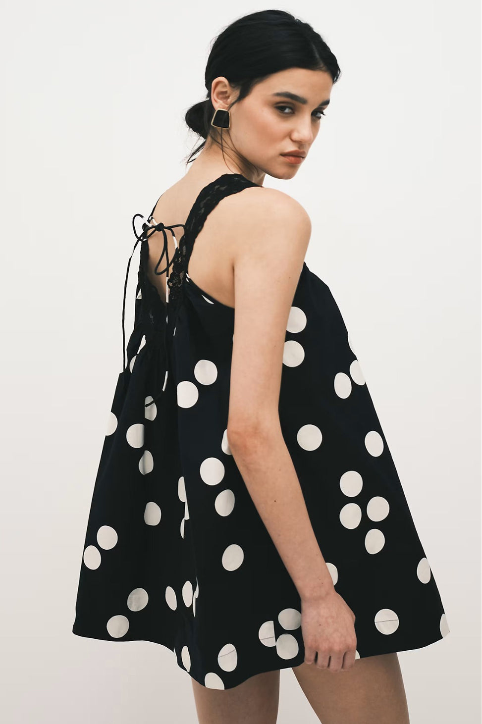 Polka Dot V-Neck Lace Trim Babydoll Mini Dress 2