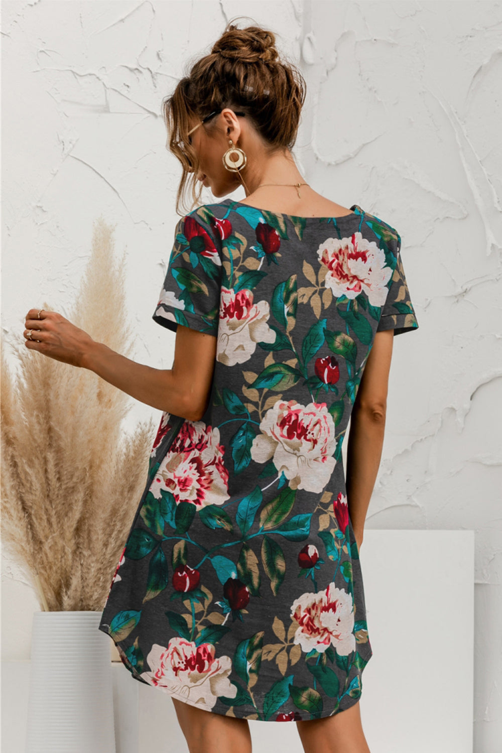 Round Neck Flower Print Dress - Fashionpara