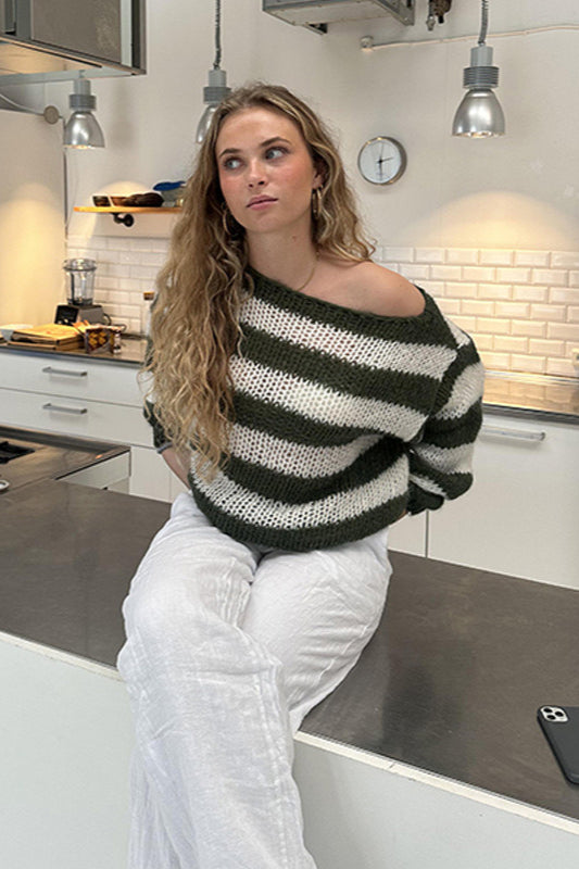 PrincessAce Striped Slouchy Crewneck Knit Sweater for Comfort