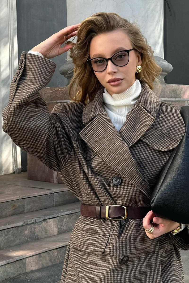 Sophisticated Houndstooth Wool Blend Long Coat for Elegance