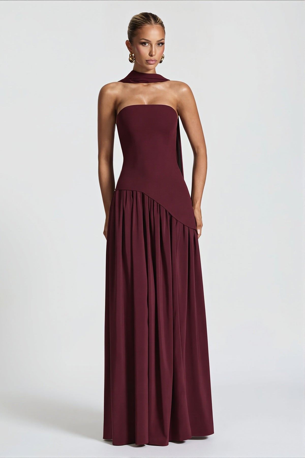 Strapless Scarf Detail Slit Maxi Dress 7