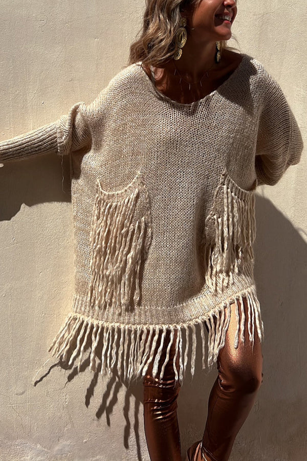Cozy Knit Sweater with Tassel Trim and Pocket Details