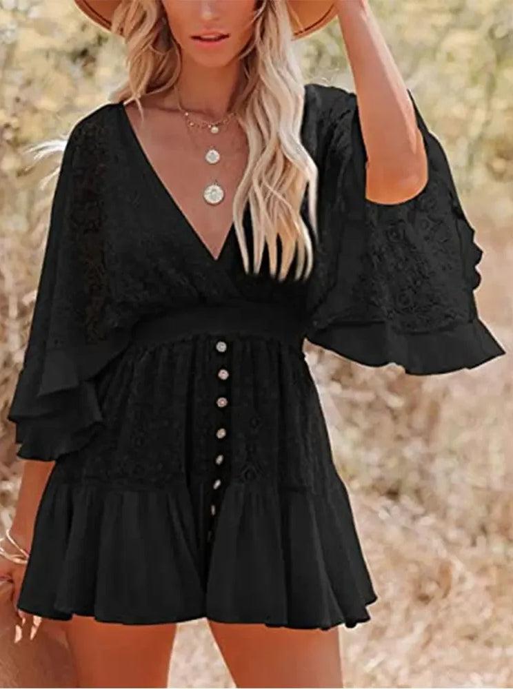 Lace V-Neck Flutter Sleeve Tiered Mini Dress 6