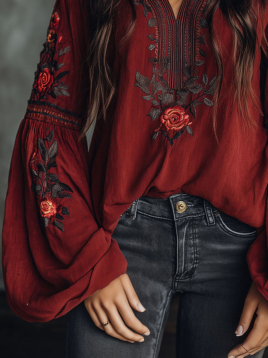 Vintage Red Embroidered Lantern Sleeve Boho Blouse