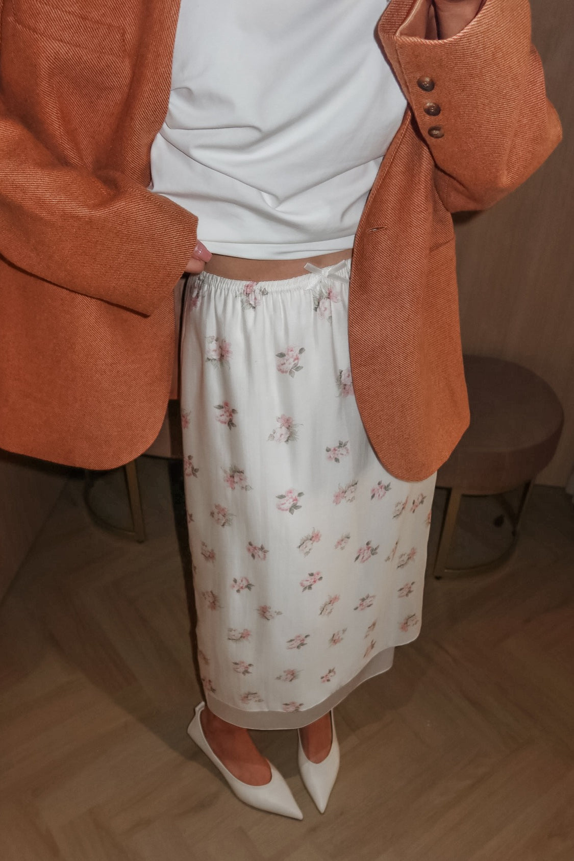 Floral Elastic-Waist Midi Skirt