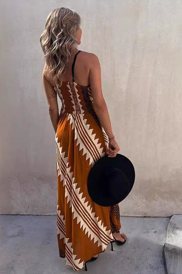 Geometric Print Spaghetti Strap V-Neck A-Line Dress
