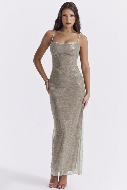 Sequin Square Neck Spaghetti Strap Mermaid Maxi Dress - View 7