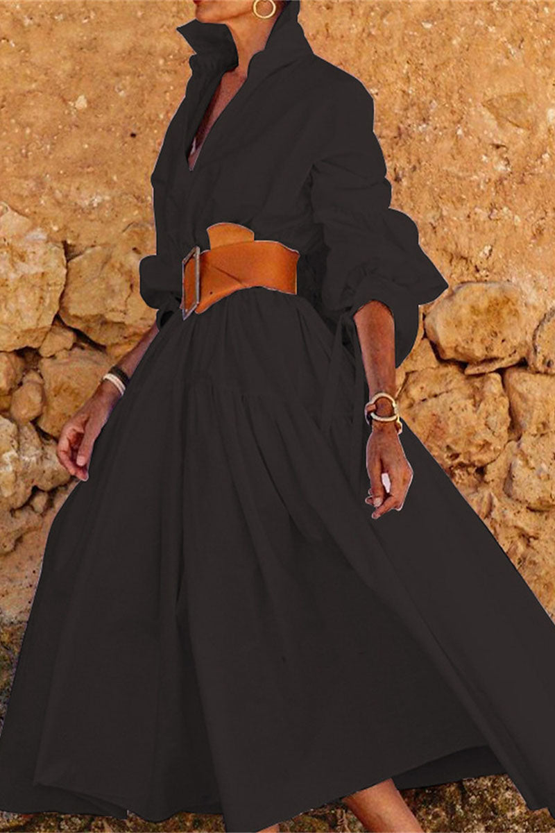 Temperament Lapel Long Sleeve Casual Long Dress - Fashionpara