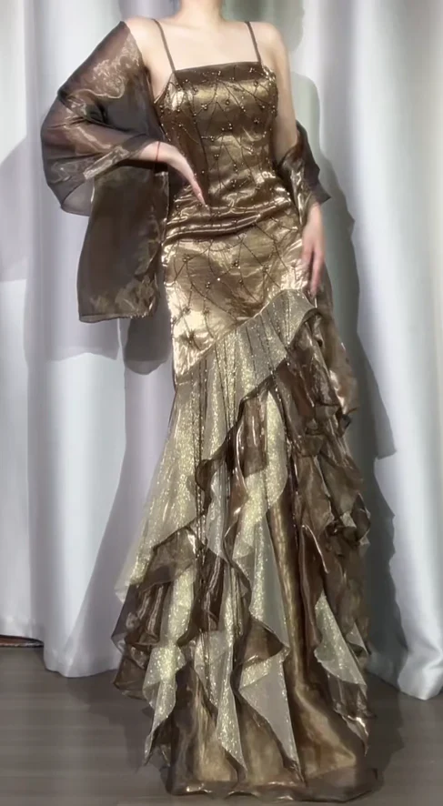 Gorgeous Sheath Long Prom Dress Spaghetti Straps Birthday Dress Beaded Satin Formal Dresses - Fashionpara