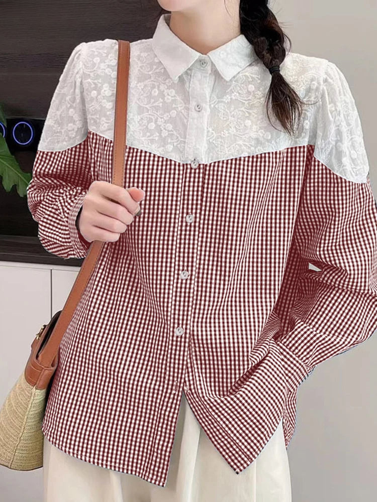 Lace Stitching Plaid Long Sleeve Blouse Bohemian Blouse