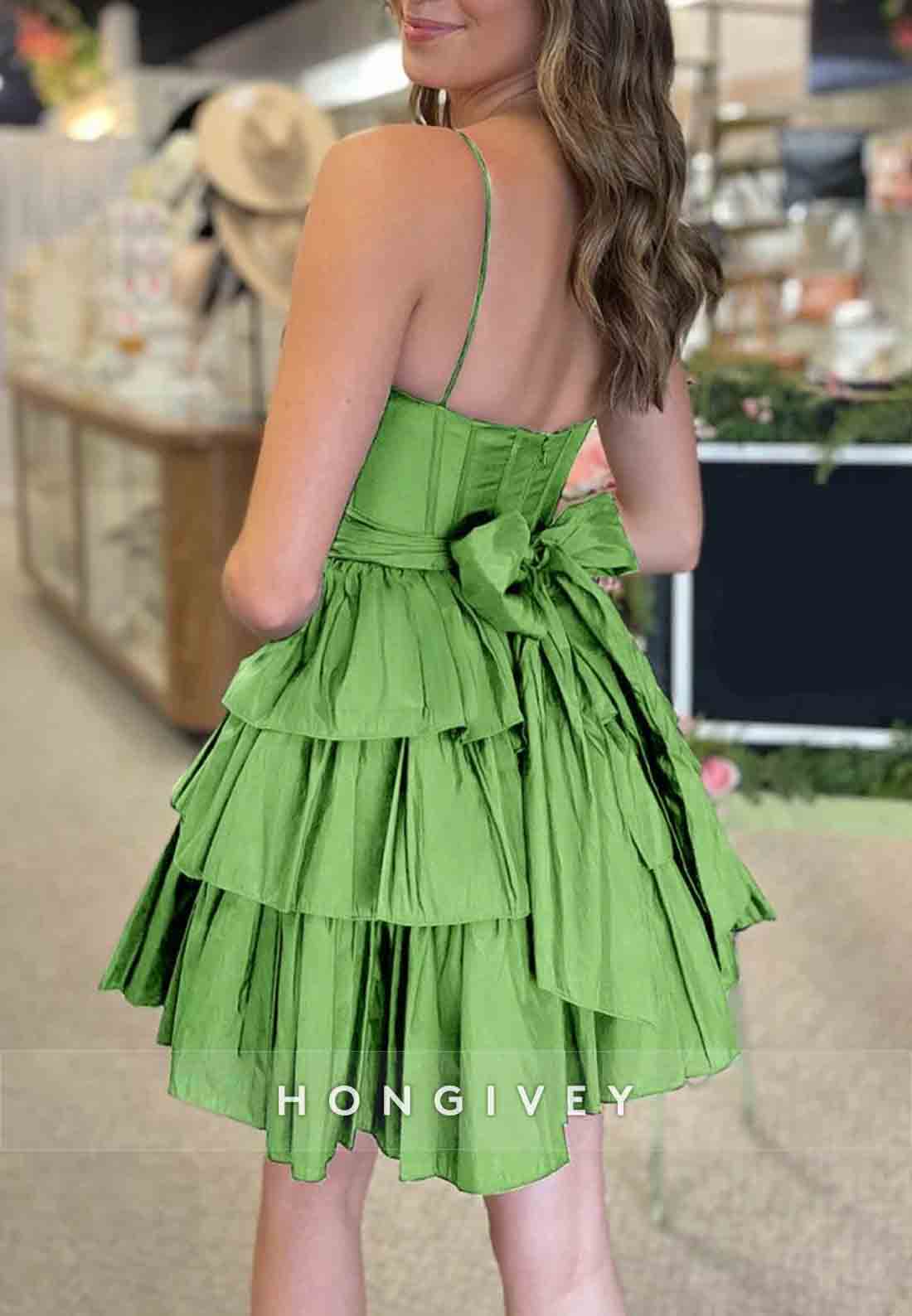 Sleeveless A-Line Bowknot Low Back Ruched Spaghetti Straps Short Homecoming Dresses