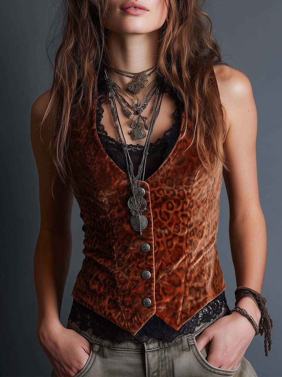 Caramel Velvet Leopard Lace Button Vest - Fashionpara