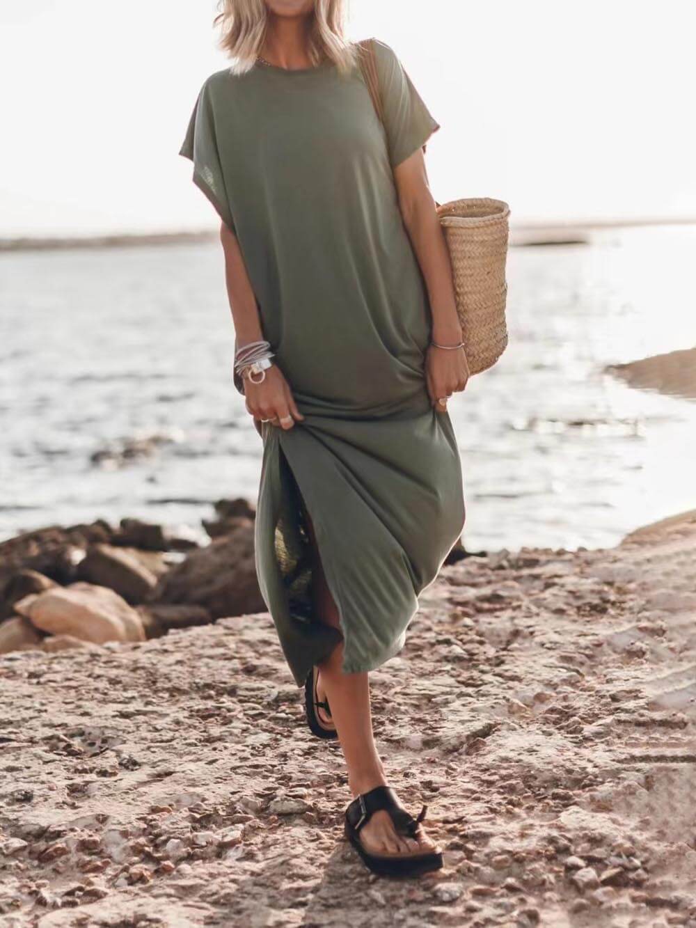 Effortless Open Sleeve Slit Oversized T-shirt Midi Dress - Fashionpara