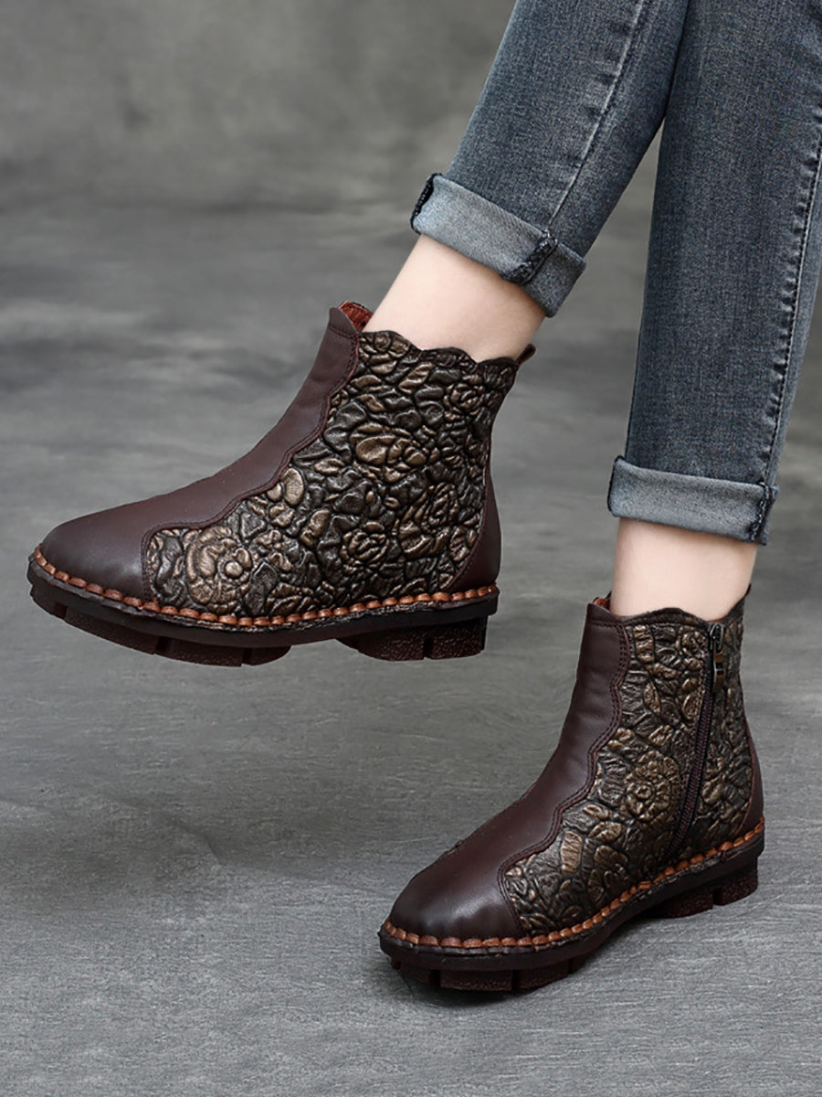 Retro Flower Leather Spliced Zipper Low Heel Boots