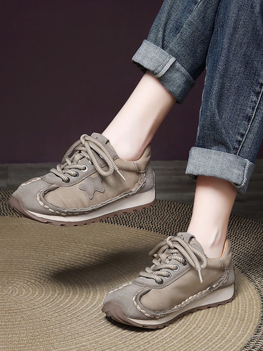 Retro Leather Colorblock Low Heel Sport Shoes