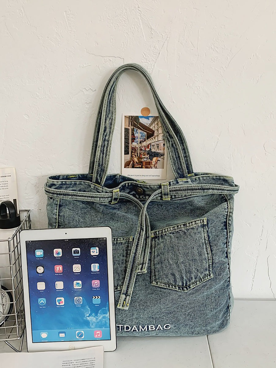 Vintage Solid Pocket Denim Handbag Shoulder Bag