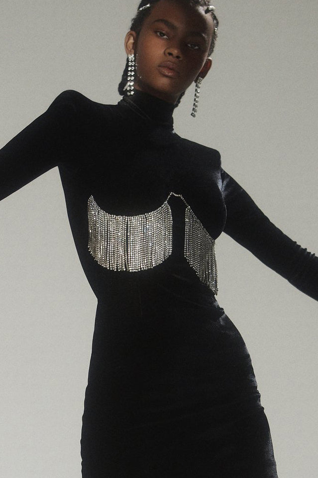 Velvet High Neck Long Sleeve Fringe Bodycon Mini Dress
