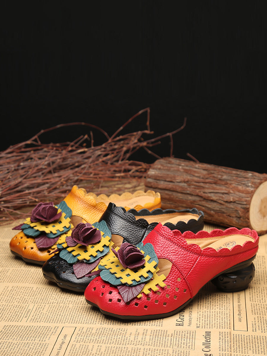 Ethnic Leather Flower Spliced Low Heel Sandals