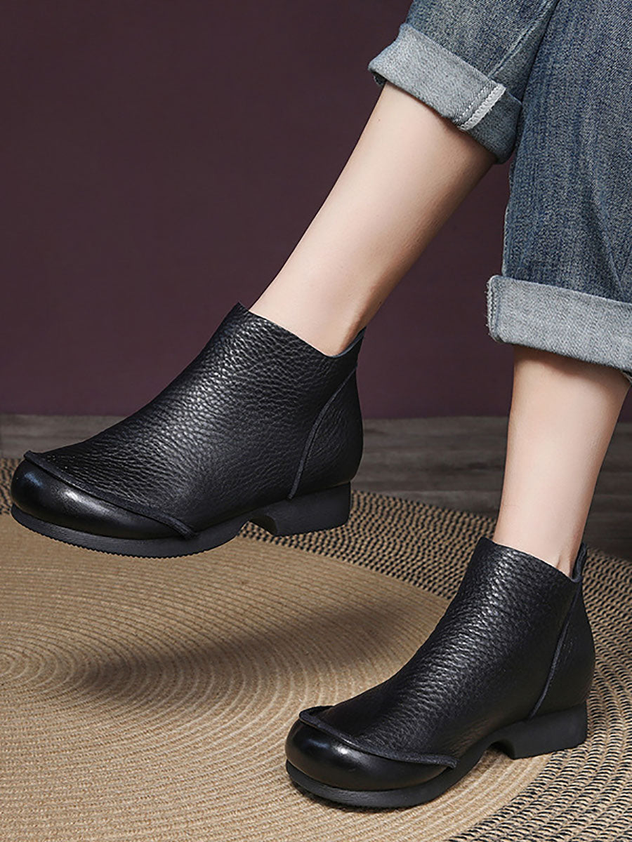 Elegant Solid Leather Spliced Low Heel Boots