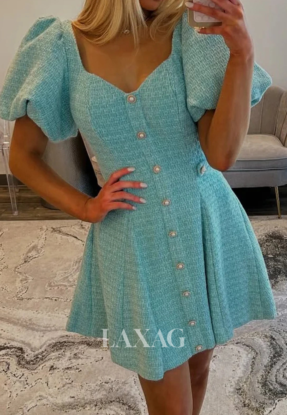 V-Neck Short-Sleeves Jersey Pleated Simple A-Line Party Homecoming Dress