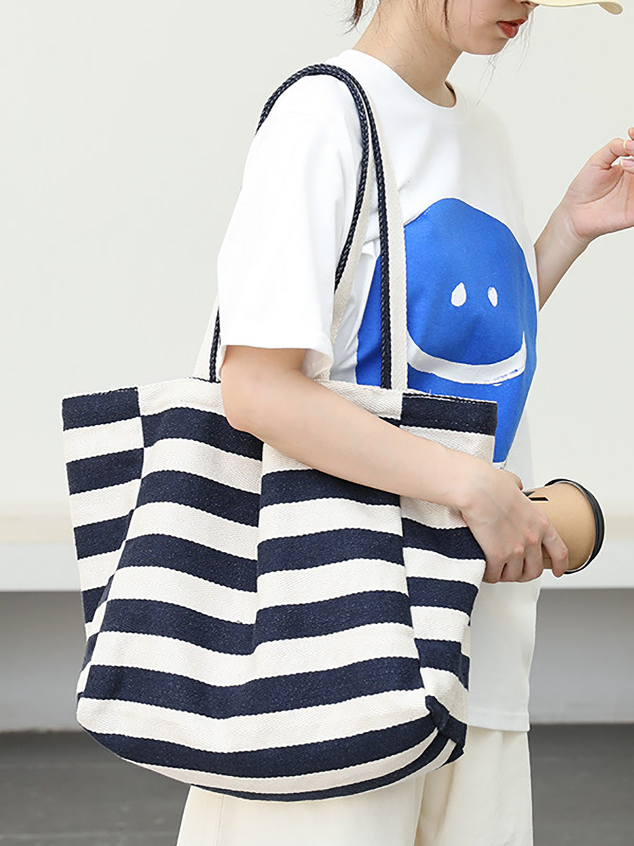 Casual Stripe Canvas Large Capacity Shoulder Bag