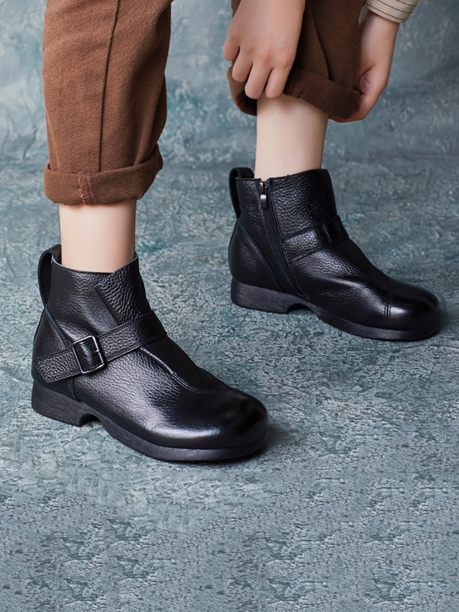 Vintage Autumn Soft Leather Buckle Low Heel Boots
