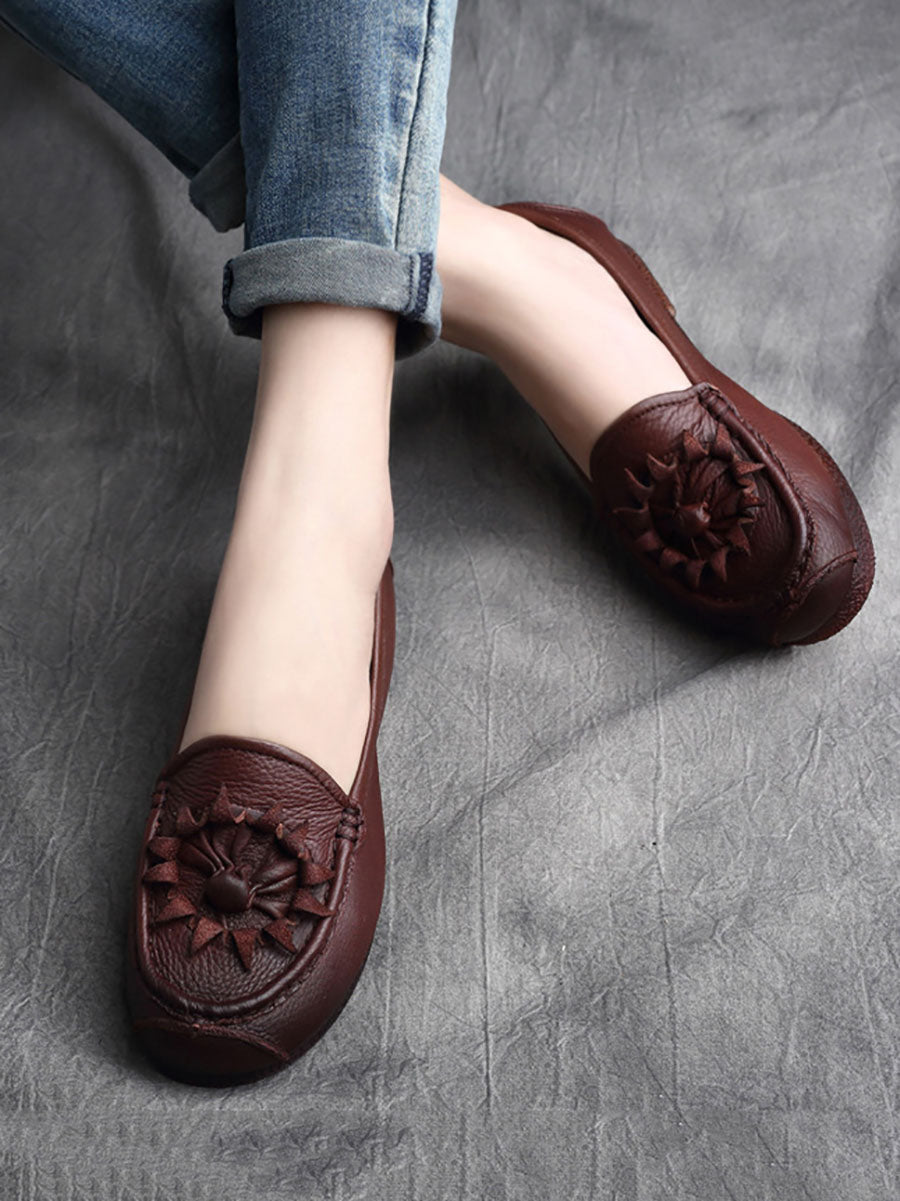 Vintage Flower Genuine Leather Low Heel Shoes