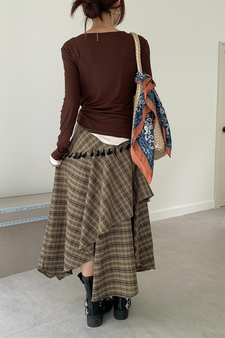 Vintage Asymmetrical Plaid Maxi Skirt