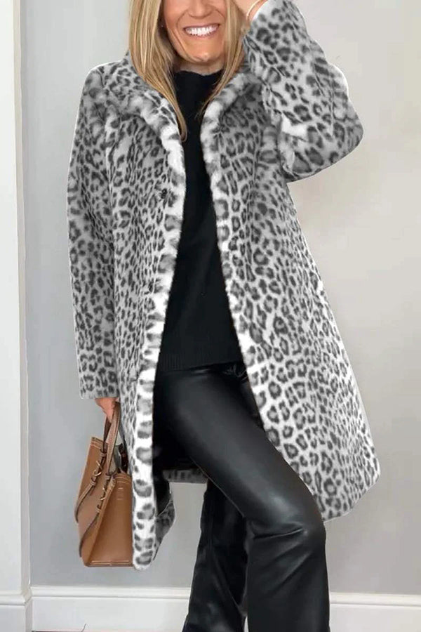 Lapel Leopard Print Plush Coat for Elegant Mid-Length Style