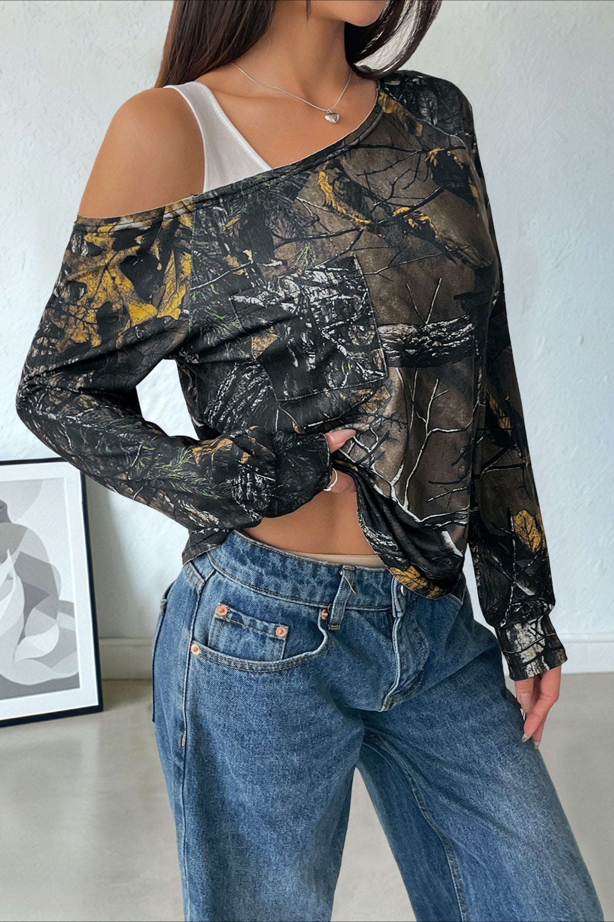 Patchwork Layered Asymmetrical Shoulder Blouse