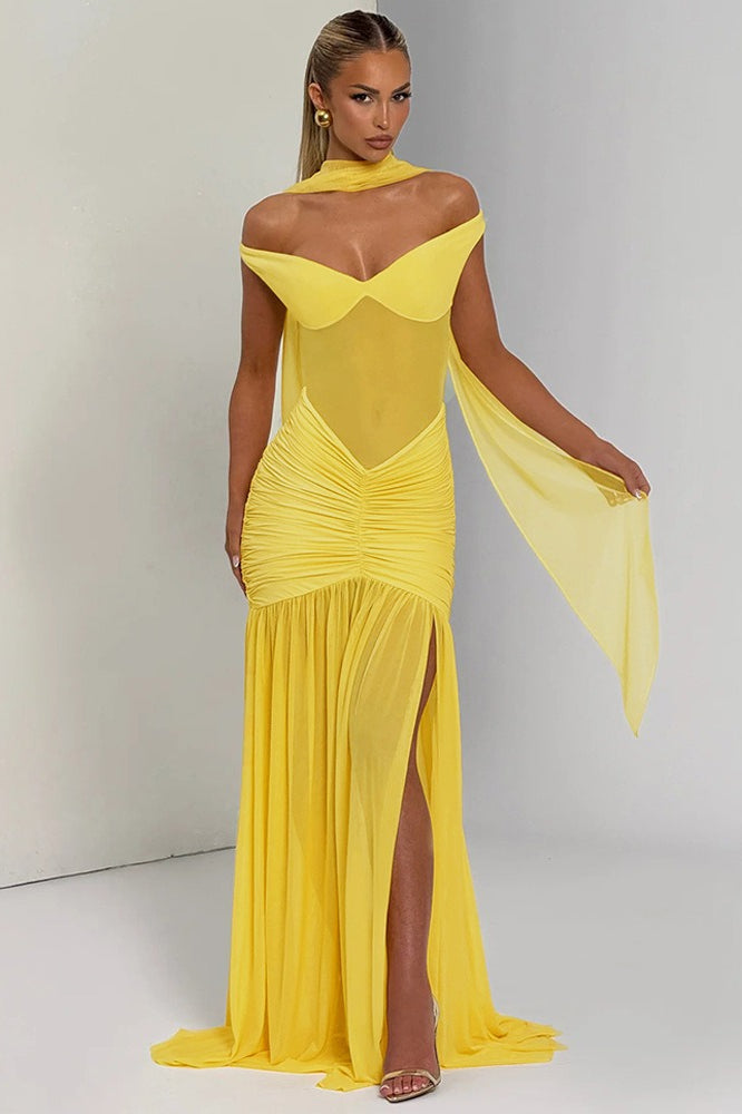 Mesh Off Shoulder Ruched High Split Mermaid Maxi Dress