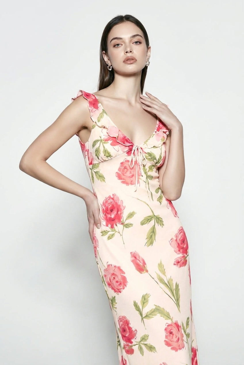 Floral Print V-Neck Ruffle Tie-Front Slip Dress
