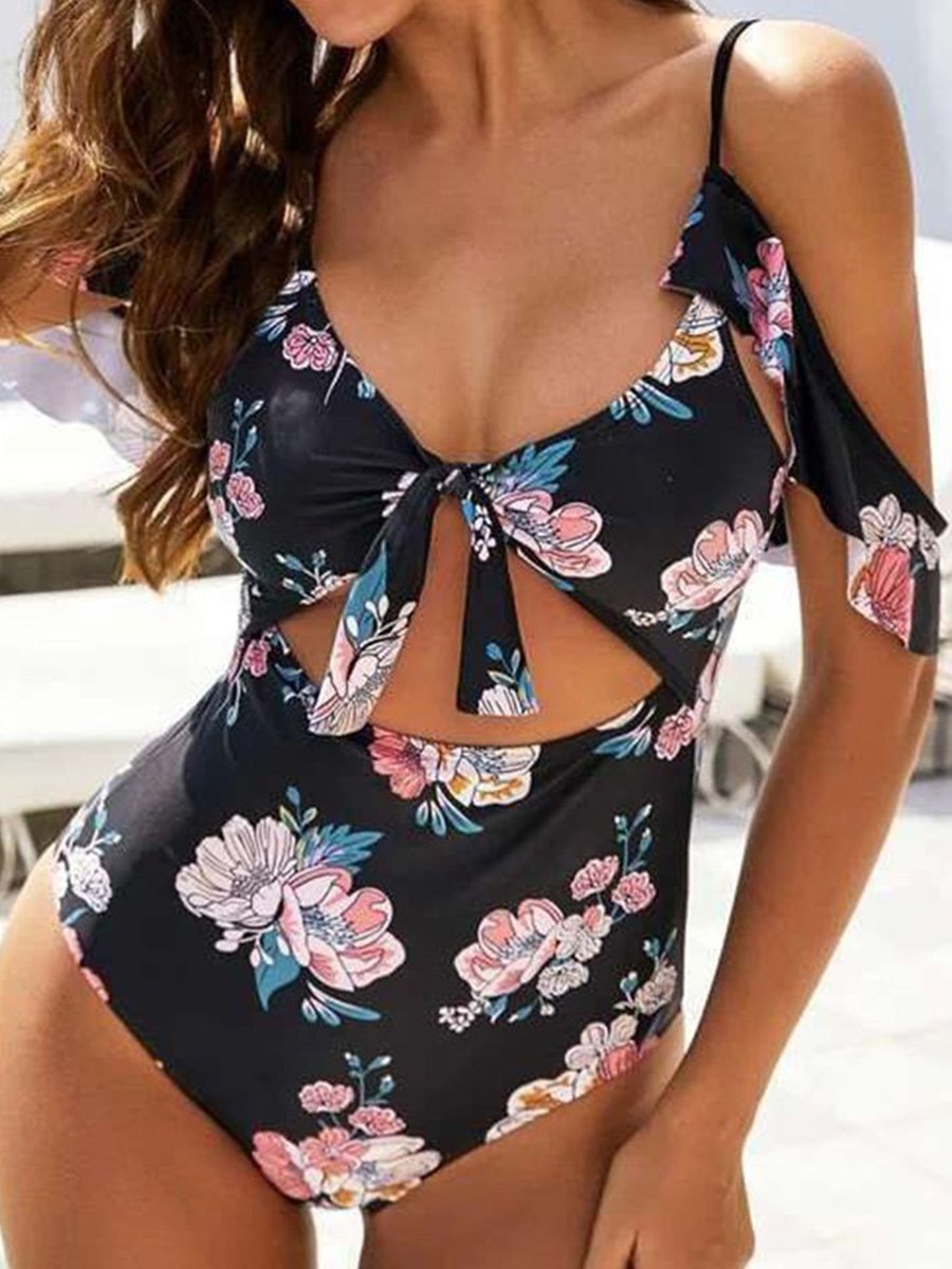 Floral Print Knot Front One-piece Swimsuit - Fashionpara
