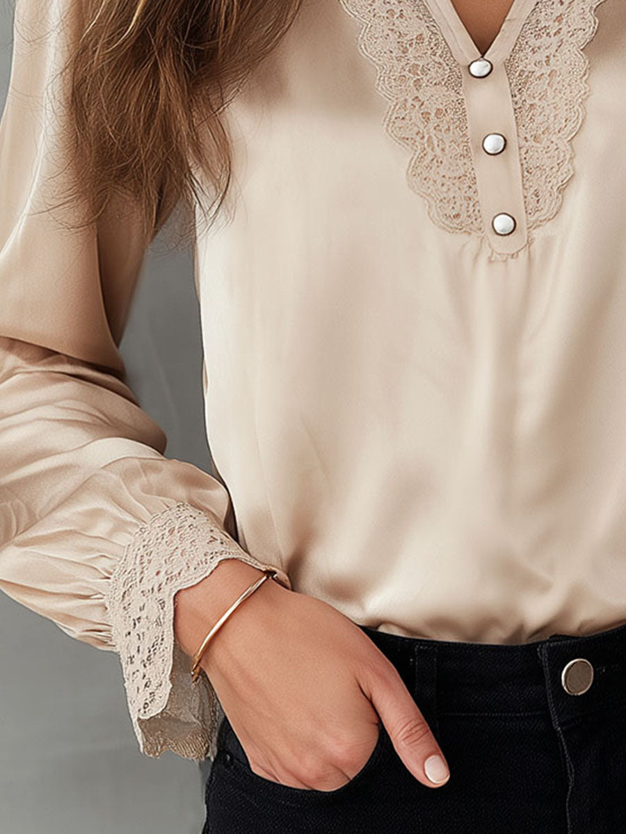 Elegant Vintage Champagne Satin Lace Trim Blouse - Fashionpara