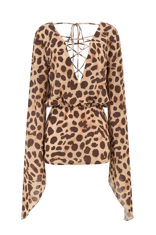 Leopard Lace Up Plunge Long Sleeve Mini Dress 6