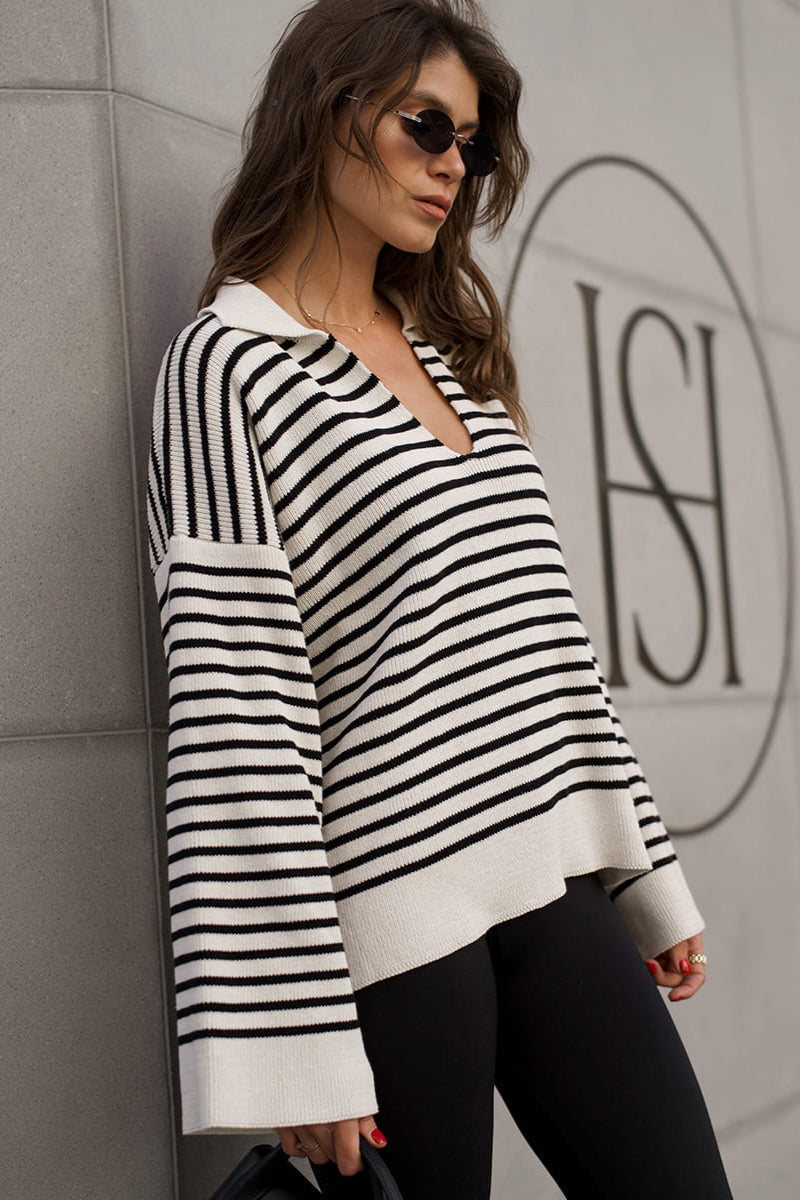PrincessAce Striped Polo Neck Knit Sweater for Effortless Style