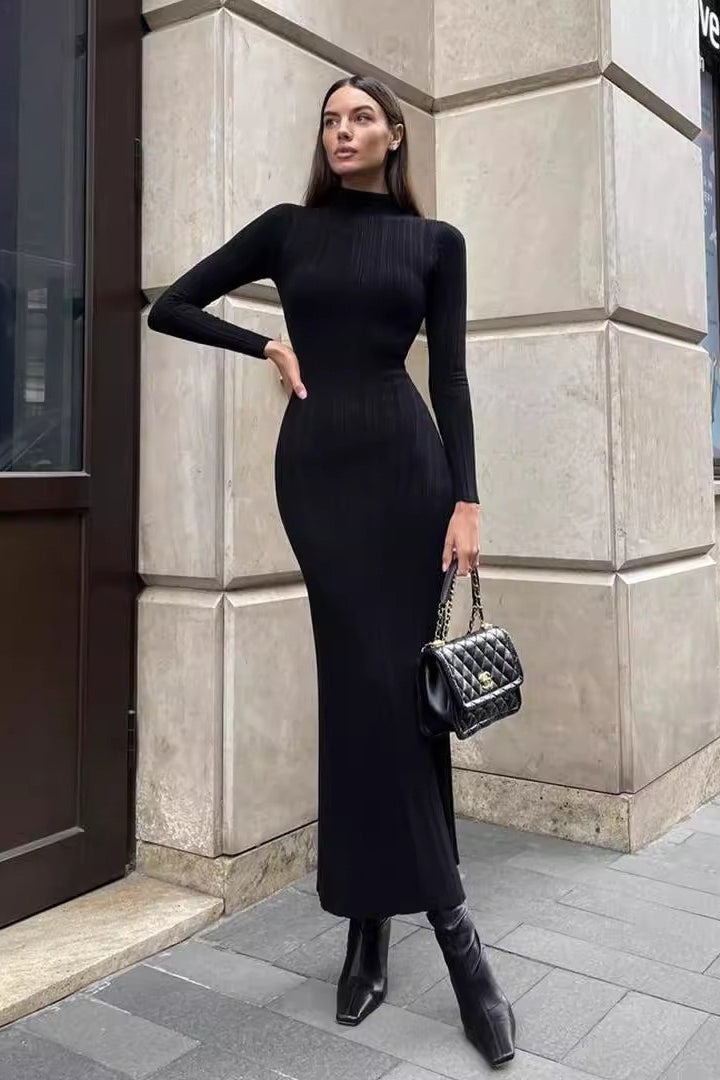 Turtleneck Striped Knit Slim-Fit Long Sleeve Sweater Dress