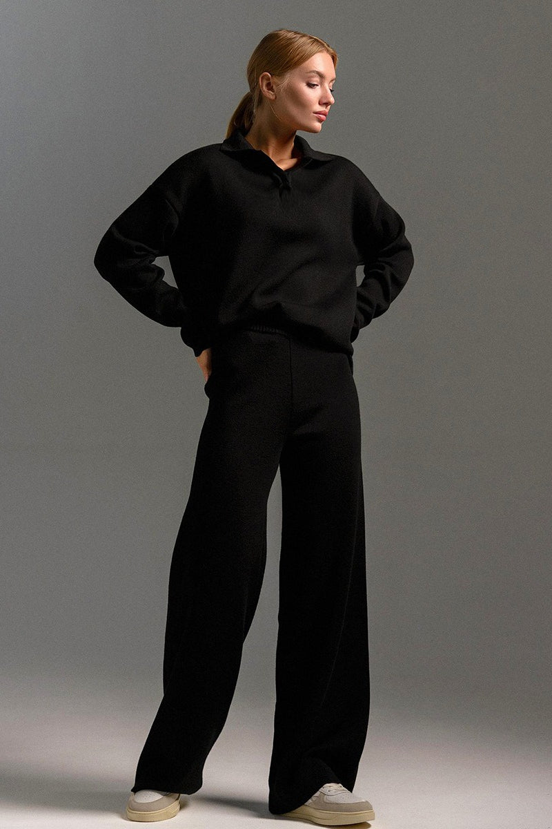 Polo Collar Knit Pullover Wide-Leg Pants Two Piece Set